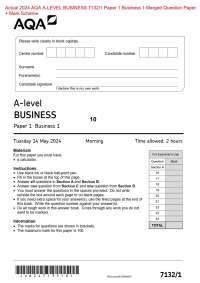 Actual 2024 AQA A-LEVEL BUSINESS 7132/1 Paper 1 Business 1 Merged Question Paper + Mark Sc