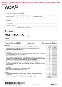 Actual 2024 AQA A-level MATHEMATICS 7357/3 Paper 3 Merged Question Paper + Mark Scheme Act