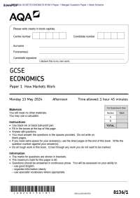 Actual 2024 AQA GCSE ECONOMICS 8136/1 Paper 1 Merged Question Paper + Mark Scheme Actual 2