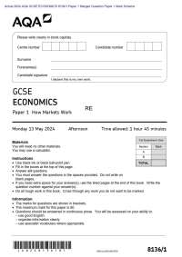 Actual 2024 AQA GCSE ECONOMICS 8136/1 Paper 1 Merged Question Paper + Mark Scheme Actual 2