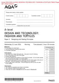 . Actual 2024 AQA A-LEVEL DESIGN & TECHNOLOGY: FASHION & TEXTILES 7562/2 Paper 2 QP + Mark