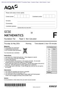 2024 AQA GCSE MATHEMATICS 8300/1F Foundation Paper 1 Question Paper + Mark Scheme + Insert