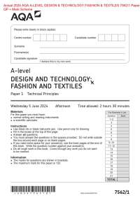 Actual 2024 AQA A-LEVEL DESIGN & TECHNOLOGY FASHION & TEXTILES 7562/1 Paper 1 QP + Mark Sc