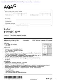 Actual 2024 AQA GCSE PSYCHOLOGY 8182/1 Paper 1 Question Paper + Mark Scheme  Actual 2024 A