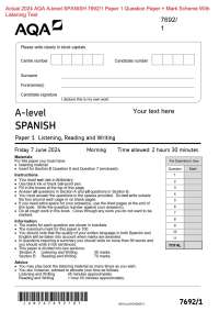 Actual 2024 AQA A-level SPANISH 7692/1 Paper 1 Question Paper + Mark Scheme With  Listenin