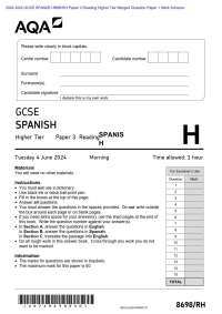 2024 AQA GCSE SPANISH 8698/RH Paper 3 Reading Higher Tier Merged Question Paper + Mark Sch