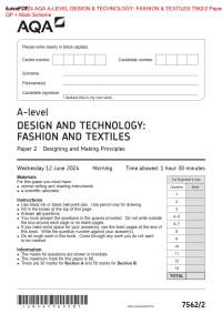 Actual 2024 AQA A-LEVEL DESIGN & TECHNOLOGY: FASHION & TEXTILES 7562/2 Paper 2  QP + Mark