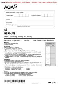 Actual 2024 AQA AS GERMAN 7661/1 Paper 1 Question Paper + Mark Scheme + Insert  Actual 202