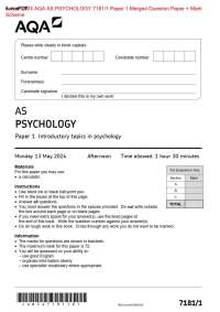 . Actual 2024 AQA AS PSYCHOLOGY 7181/1 Paper 1 Merged Question Paper + Mark  Scheme Actual