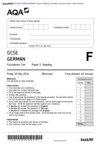 Actual 2024 AQA GCSE GERMAN 8668/RF Paper 3 Reading Foundation Question Paper + Mark Schem