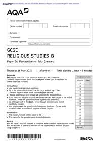 Actual 2024 AQA GCSE RELIGIOUS STUDIES B 8063/2A Paper 2A Question Paper + Mark Scheme  Ac