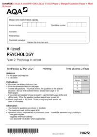 Actual 2024 AQA A-level PSYCHOLOGY 7182/2 Paper 2 Merged Question Paper + Mark  Scheme Act