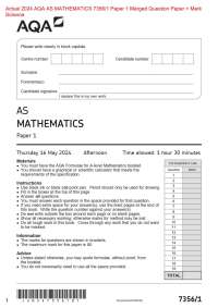. Actual 2024 AQA AS MATHEMATICS 7356/1 Paper 1 Merged Question Paper + Mark  Scheme  Actu