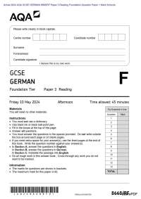 Actual 2024 AQA GCSE GERMAN 8668/RF Paper 3 Reading Foundation Question Paper + Mark Sche