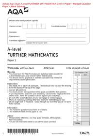 Actual 2024 AQA A-level FURTHER MATHEMATICS 7367/1 Paper 1 Merged Question  Paper + Mark
