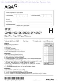 2024 AQA GCSE COMBINED SCIENCE: SYNERGY 8465/4H Paper 4 Question Paper + Mark Scheme + Ins