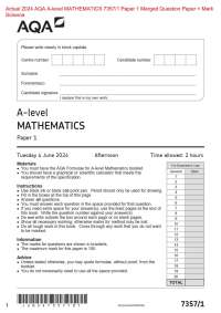 Actual 2024 AQA A-level MATHEMATICS 7357/1 Paper 1 Merged Question Paper + Mark  Scheme  A