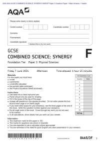 2024 AQA GCSE COMBINED SCIENCE: SYNERGY 8465/3F Paper 3 Question Paper + Mark Scheme + Ins