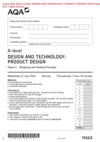 . Actual 2024 AQA A-LEVEL DESIGN AND TECHNOLOGY: PRODUCT DESIGN 7552/2 Paper 2  Q Pr + Mar