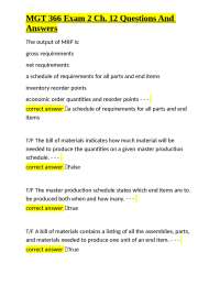 MGT 366 Exam 2: Chapter 12 Questions and Answers on Material Requirements Planning (MRP)