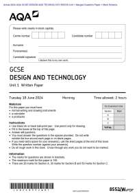 Actual 2024 AQA GCSE DESIGN AND TECHNOLOGY 8552/W Unit 1 Merged Question Paper + Mark Sche