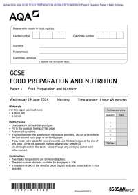 Actual 2024 AQA GCSE FOOD PREPARATION AND NUTRITION 8585/W Paper 1 Question Paper + Mark S