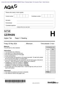 Actual 2024 AQA GCSE GERMAN 8668/RH Paper 3 Reading Higher Tier Question Paper + Mark Sch