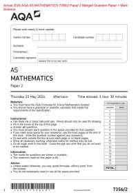 Actual 2024 AQA AS MATHEMATICS 7356/2 Paper 2 Merged Question Paper + Mark  Scheme  Actua