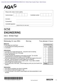 Actual 2024 AQA GCSE ENGINEERING 8852/W Unit 1 Written Paper Question Paper + Mark Scheme