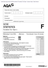 Actual 2024 AQA GCSE STATISTICS 8382/1F Foundation Tier Paper 1 Question Paper + Mark Sche