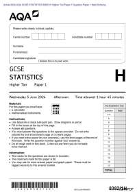 Actual 2024 AQA GCSE STATISTICS 8382/1H Higher Tier Paper 1 Question Paper + Mark Scheme