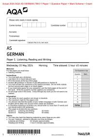 . Actual 2024 AQA AS GERMAN 7661/1 Paper 1 Question Paper + Mark Scheme + Insert   Actual