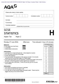 Actual 2024 AQA GCSE STATISTICS 8382/2H Higher Tier Paper 2 Question Paper + Mark Scheme A