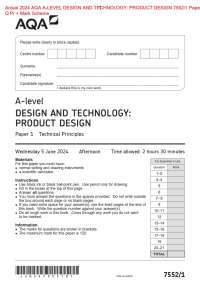 Actual 2024 AQA A-LEVEL DESIGN AND TECHNOLOGY: PRODUCT DESIGN 7552/1 Paper 1  Q Pr + Mark