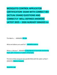 MOSQUITO CONTROL APPLICATOR CERTIFICATION EXAM WITH CORRECT 80+ (ACTUAL EXAM) QUESTIONS