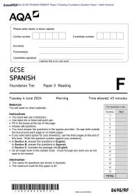 Actual 2024 AQA GCSE SPANISH 8698/RF Paper 3 Reading Foundation Question Paper + Mark Sche