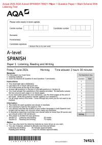 Actual 2024 AQA A-level SPANISH 7692/1 Paper 1 Question Paper + Mark Scheme With  Listenin