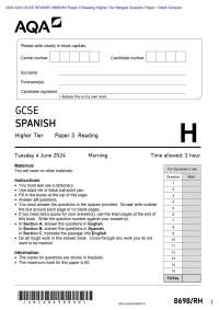 . 2024 AQA GCSE SPANISH 8698/RH Paper 3 Reading Higher Tier Merged Question Paper + Mark S
