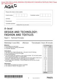 Actual 2024 AQA A-LEVEL DESIGN & TECHNOLOGY FASHION & TEXTILES 7562/1 Paper 1  QP + Mark