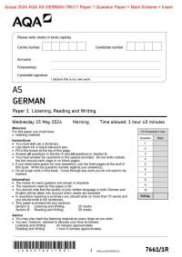 Actual 2024 AQA AS GERMAN 7661/1 Paper 1 Question Paper + Mark Scheme + Insert   Actual 20
