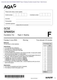 Actual 2024 AQA GCSE SPANISH 8698/RF Paper 3 Reading Foundation Question Paper + Mark Sch