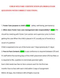 Florida Child Welfare Certification Exam Questions and Answers