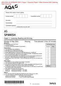 2024 AQA AS SPANISH 7691/1 Paper 1 Question Paper + Mark Scheme With Listening  Test Tran