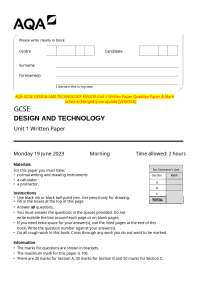 AQA GCSE DESIGN AND TECHNOLOGY 8552/W Unit 1 Written Paper Question Paper & Mark scheme (M