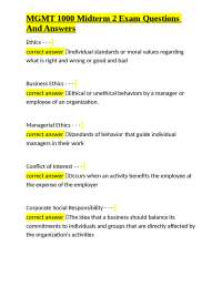 MGMT 1000 Midterm 2 Exam Q&A: Business Ethics and Operations Management