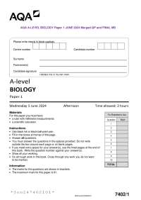 AQA A-LEVEL BIOLOGY Paper 1 JUNE 2024 Merged QP and FINAL MS