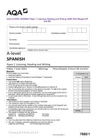 AQA A-LEVEL SPANISH Paper 1 Listening, Reading and Writing JUNE 2024 Merged QP and MS