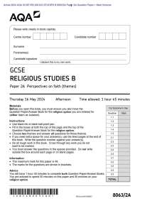 Actual 2024 AQA GCSE RELIGIOUS STUDIES B 8063/2A Paper 2A Question Paper + Mark Scheme  Ac