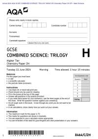 Actual 2024 AQA GCSE COMBINED SCIENCE: TRILOGY 8464/C/2H Chemistry Paper 2H QP + Mark Sch