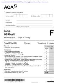 Actual 2024 AQA GCSE GERMAN 8668/RF Paper 3 Reading Foundation Question Paper + Mark Schem